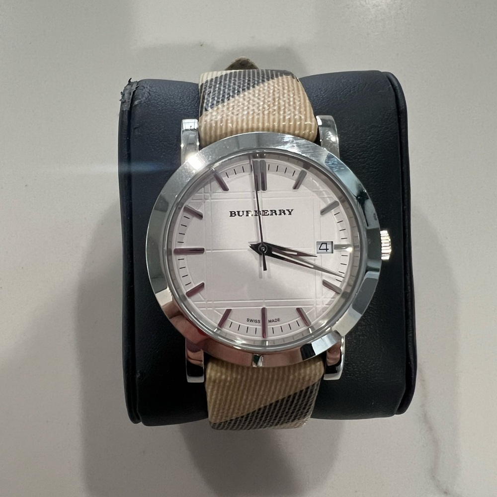 Burberry Silver Watch with Beige Burberry Strap